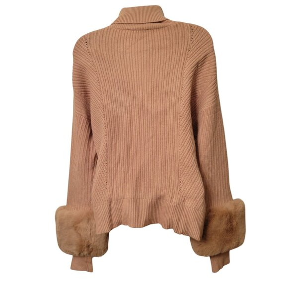 Saks Fifth Avenue Ribbed Turtleneck Sweater Faux Fur Cuffs M Slouchy Shoulders - Picture 2 of 7